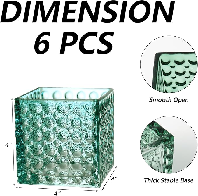Square Vases Set of 6, 4" x 4" x 4" Square Glass Vases for Flowers, Green Flower Vase for Centerpieces, Small Bubble Vase for Wedding, Party, Home, Office, Parties, Events