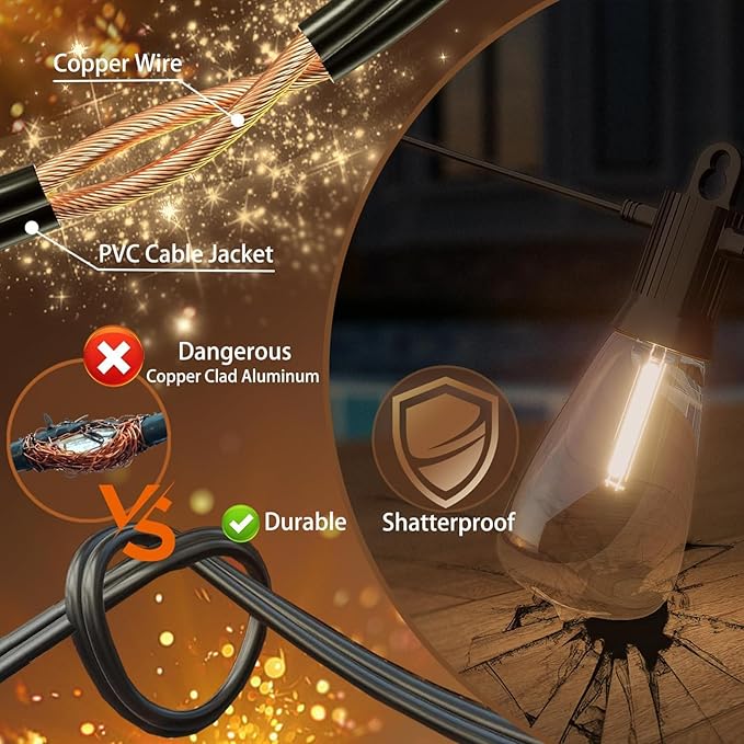Outdoor String Lights 50 ft, LED Patio Lights with 27 (25+2 Spare ST38 Shatterproof Bulbs), IP 65 Waterproof, Outside Hanging Light for Cafe Bistro Backyard