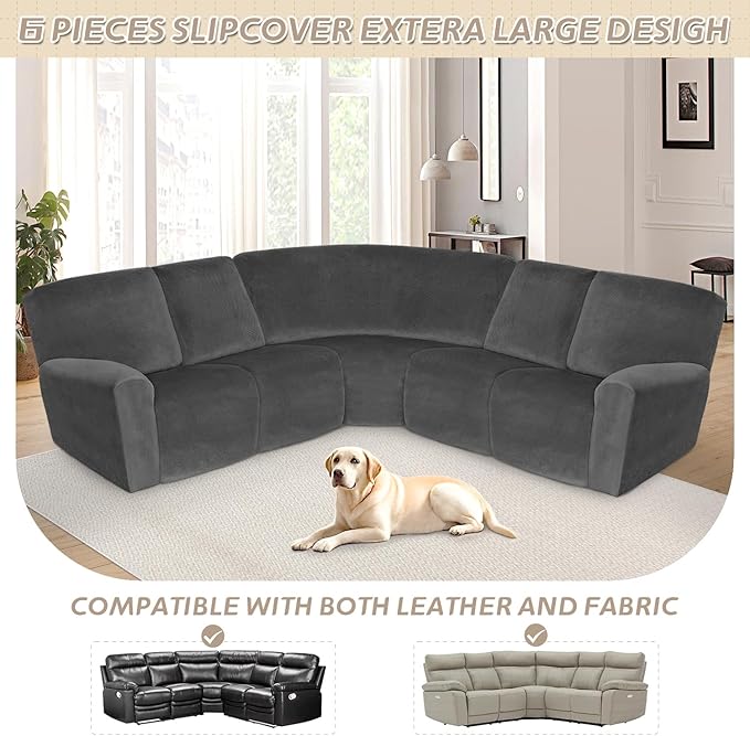 Arfntevss Sectional Recliner Couch Covers Velvet Corner Sectional Sofa Cover for Reclining Stretch Soft L Shape Recliner Slipcover Thick U Shaped Washable Protector (5 Seat Cover, Charcoal Gray)