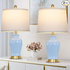 23" Modern Blue Ceramic Table Lamps Set of 2, Coastal Ceramic Lamps for Living Room, Classic Bedside Lamp with Ginger Jar Design, Elegant Bedroom Lamp for Night stand Desk Side End Table Home Decor