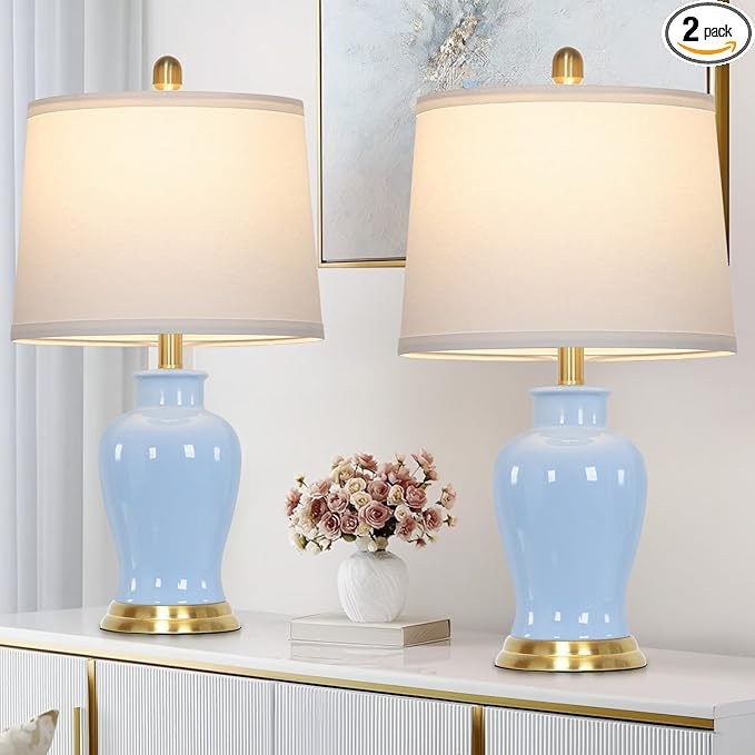 23" Modern Blue Ceramic Table Lamps Set of 2, Coastal Ceramic Lamps for Living Room, Classic Bedside Lamp with Ginger Jar Design, Elegant Bedroom Lamp for Night stand Desk Side End Table Home Decor