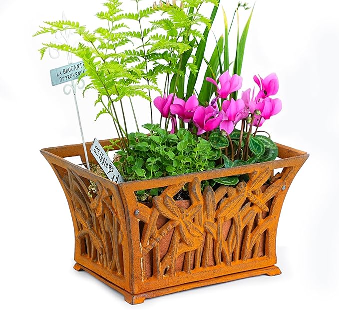 Sungmor Heavy Duty Cast Iron Planter Basket w/Non-Woven Growing Bag, Unique Shape & Beautiful Pattern Design, Hollow Orchid Flower Pot Garden Tools Holder, Full Rusted French Country Decor Container