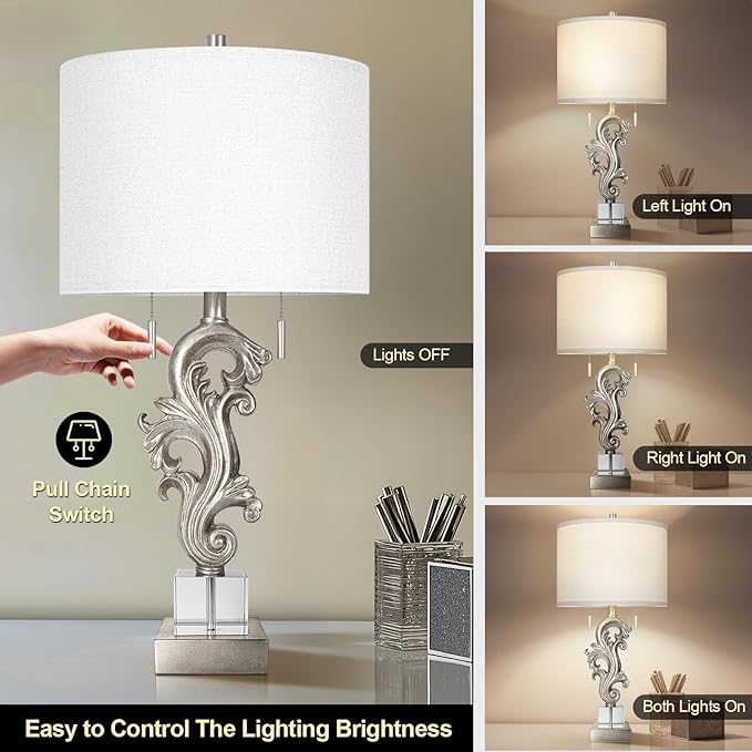 Scenekoy Table Lamp Set of 2 with USB Ports, Pull Chains Switch, 27” Silver Leaf Sculptural Bedside Lamps with Linen Shade for Living Room Bedroom, Nightstand Lamps for Home Room Decor