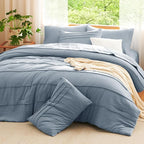 CozyLux Queen Comforter Set Grayish Blue, 7 Pieces Soft Pinch Pleat Bed in a Bag Queen Comforter Set with Sheets, Boho Bed Set with Down Alternative Comforter, Sheets, Pillowcases & Shams