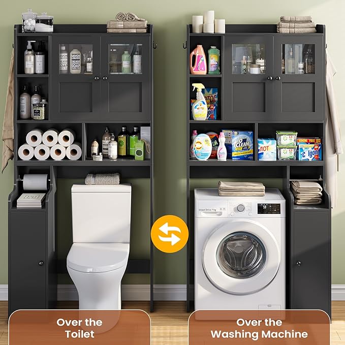 Itaar Over The Toilet Storage Cabinet, Over Toilet Bathroom Organizer with Glass Doors & Toilet Paper Holder Stand, Home Space-Saving Toilet Rack, for Bathroom, Restroom, Laundry(Black)