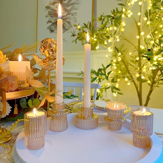 Double Sided Vintage Ribbed Taper Glass Candle Holders,Tea Candle Holder for Table Centerpieces, Wedding Decorations and Dinner Parties (Gold, 3 PCS)