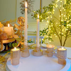 Double Sided Vintage Ribbed Taper Glass Candle Holders,Tea Candle Holder for Table Centerpieces, Wedding Decorations and Dinner Parties (Gold, 3 PCS)