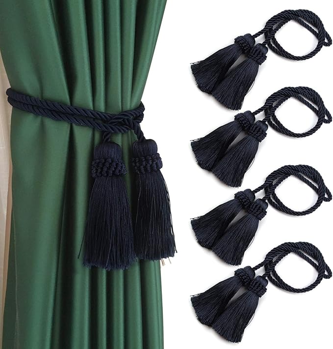 Fenghuangwu Curtain Tiebacks Handmade Decorative Curtain Holdbacks Rope with Tassel (Navy, 4P)