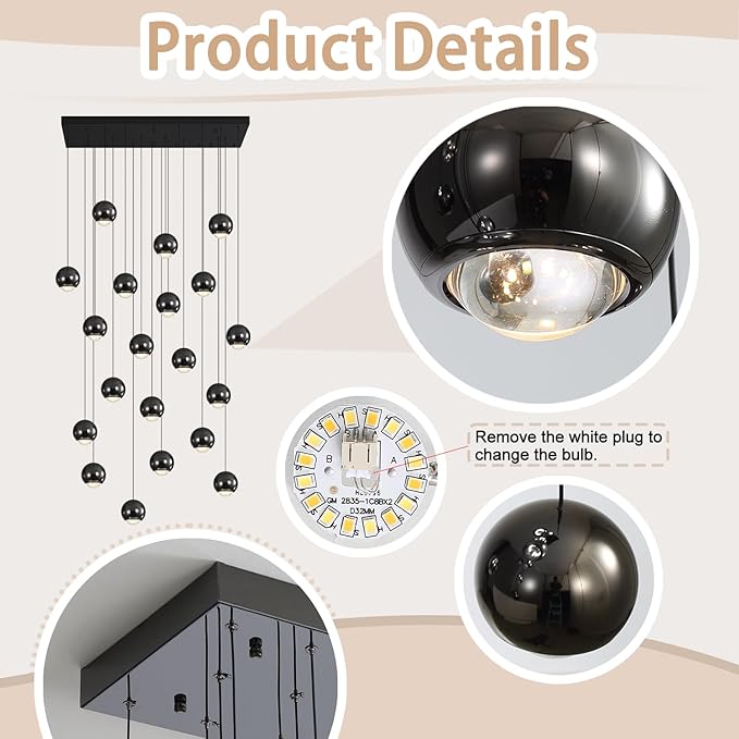 Rectangular Chandelier Crystal Balls Chandeliers Flush Mount Ceiling Light for Dining Room Living Room High Ceiling Chandelier for Staircase Foyer Entryway Black Chandeliers Dimmable 2700k-6000k