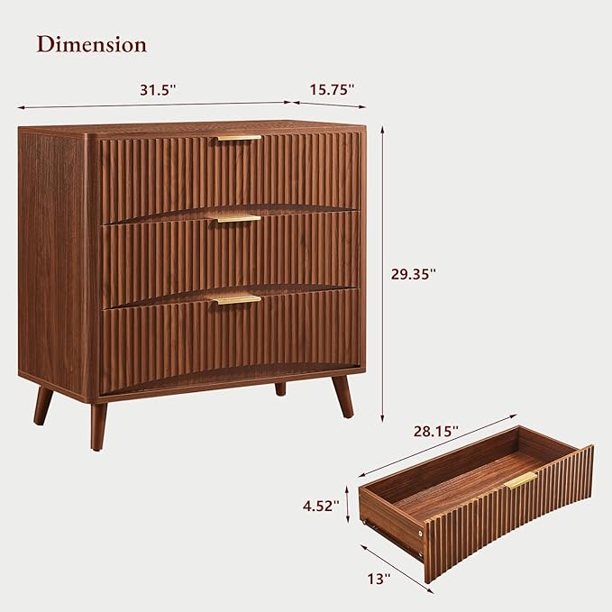 Evermagin 31.5W×29“H Large Fluted Nightstands Set of 2, Mid Century Modern 3 Drawer Night Stand Bedside Table, Small Wood Dresser for Bedroom, End Table with Storage, Walnut