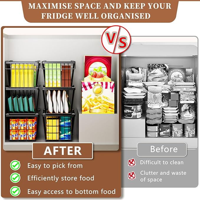 6 Pack Stackable Deep Freezer Organizer Bins ，Upgraded Bottom Leak-Proof net，Encryption and Hardening ， Freezer Organizer Bins for 5 to 9 Cu.FT Small Chest Freezer， Easy Get Bottom Foods