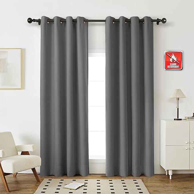 Fcosie 52" Wx96 L Inherent Flame Retardant Curtains - Room Darkening Drapes for School Classroom Dorm Nursing Home Restaurant- Antique Bronze Grommet Top Privacy Window Drapery - Grey - 2 Panels