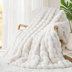 Touchat Luxury 1000GSM Faux Rabbit Fur Throw Blanket, Super Heavy Warm Cozy Blankets for Couch Bed Sofa, Bubble Plush Fuzzy Elegant Soft Reversible Mink Blanket for Living Room Bedroom, Cream White