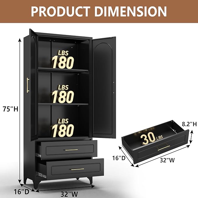 Kitchen Pantry Cabinet, 75" Tall Metal Pantry Cabinet with Two Drawers, Food Cupboards with Doors and Shelves, Freestanding Storage Cabinets for Dining, Living Room, Black, Assembly Required