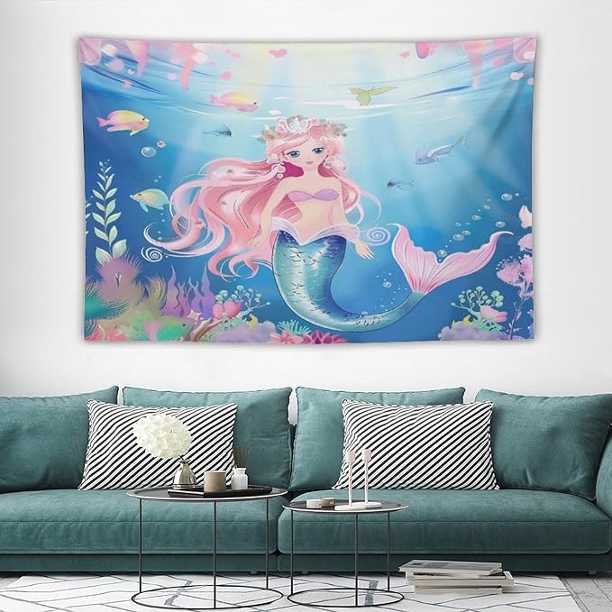 HZOHNAGO Mermaid Girls Tapestry Watercolor Mermaid Princess Pattern Printed Wall Tapestry Wall Hanging for Bedroom Living Room Dorm 90" W x 60" H
