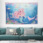 HZOHNAGO Mermaid Girls Tapestry Watercolor Mermaid Princess Pattern Printed Wall Tapestry Wall Hanging for Bedroom Living Room Dorm 90" W x 60" H