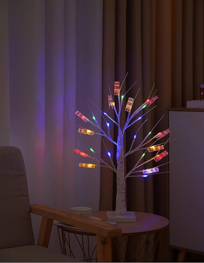 Coloured Money Tree Gift Card Holder - Multicolor Graduation Gift Card Birch Tree with 12 Clips and 24 Twig LEDs, Display Lottery Ticket Money Cash Photo DIY for Birthday Christmas Home Party Wedding