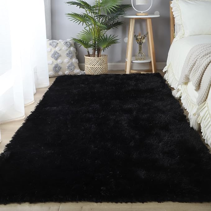 Black Area Rug for Living Room: 5x8 Black Fluffy Area Rugs for Bedroom-Shag Area Rug,Indoor Ultra Soft Fluffy Plush Carpet for Living Room,Bedroom (5x8 Feet, Black)