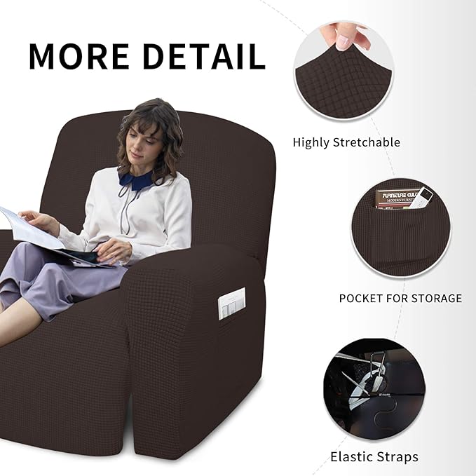 Easy-Going 4 Pieces Oversized Recliner Stretch Sofa Slipcover Sofa Cover Furniture Protector Couch Soft with Elastic Bottom Polyester Spandex Jacquard Fabric Small Checks Chocolate,X-Large