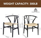 Wishbone Chair Natural Solid Wood Dining Chair/Hans Wegner Y Chair Rattan and Wood Accent Armrest Chairs - Ash Wood Chairs Set of 4 (Ash Wood - Black + Natural Color)