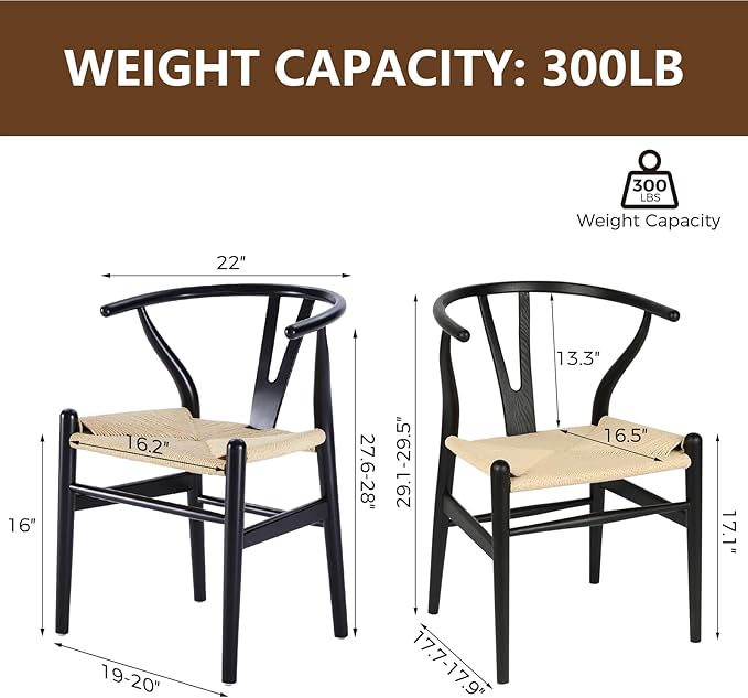Wishbone Chair Natural Solid Wood Dining Chair/Hans Vegner Y Chair Rattan and Wood Accent Armrest Chairs Set of 2 (Ash Wood - Black + Natural Cord 2 Chairs)