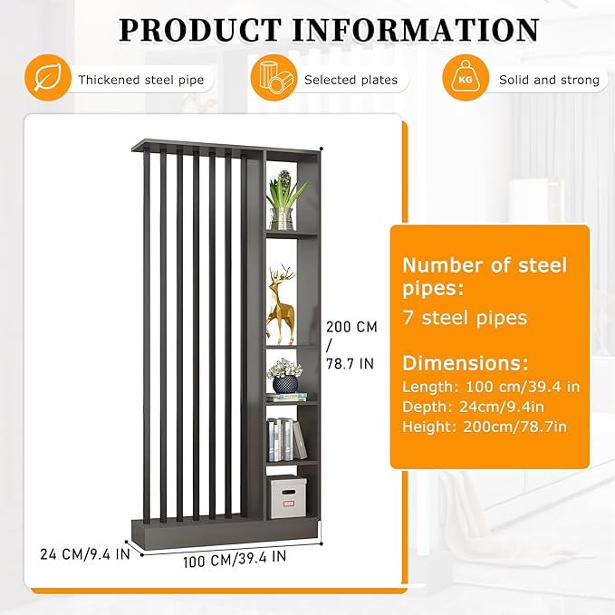 Wall Room Divider,Freestanding Room Divider with Shelves,Wood Room Divider Screen with Storage Cabinet, Wall Divider for Room Separation, for Home Office Decorative I 39.4×9.4×78.7in