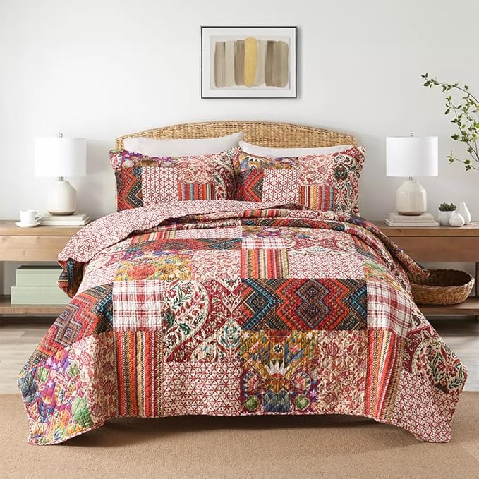 Cotton Bedspread Quilt Sets Reversible Bedding Coverlet Sets 3 Pieces Gorgeous Vintage Damask Red Patchwork Bedspread, Queen Size