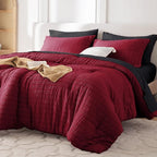 MUXHOMO 7 Pieces King Comforter Set, Seersucker Bed in a Bag King Size, All Season Luxury Bedding Set with Comforter, Flat Sheet, Fitted Sheet, Pillowcases & Shams, Red & Black
