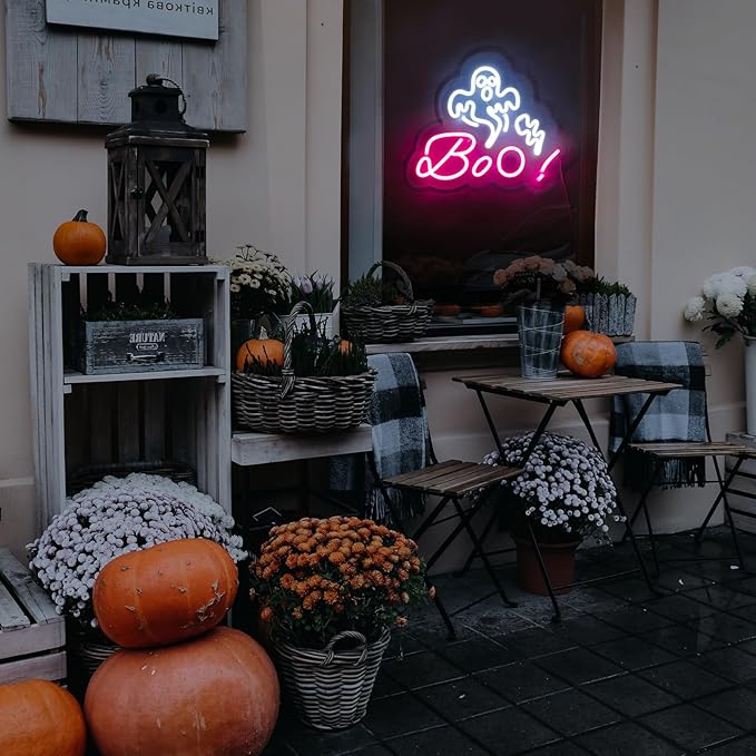 HRGXYUN Halloween Dimmable Ghost Neon Sign, Pink Boo Neon light for Wall Decor,Custom Neon Sign for Bar Club Ghost Room Decoration,5V USB Power 11.8 * 9.85in