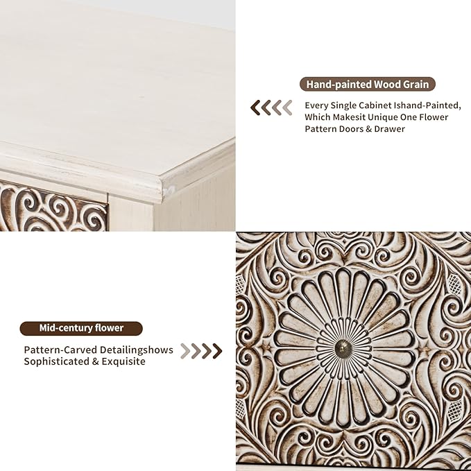 HOMPUS White Nightstand with Drawer & Storage, Fully-Assembled Flower Motif Night Stand for Small Spaces, 2 Drawer End Table with Storage for Living Room, Bedroom, Distress White