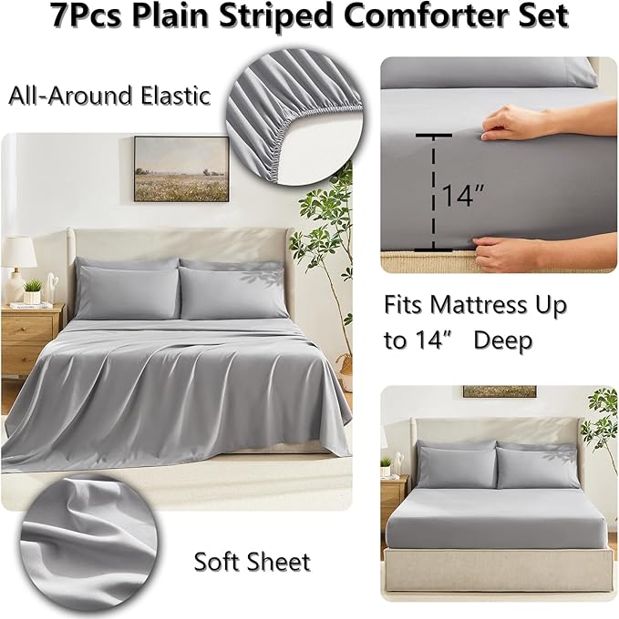 CozyLux Queen Comforter Set Grey, 7 Pieces Bed in a Bag, Gray Comforter Queen Size, All Season Bedding Sets with Stitch Quilted Comforter, Flat Sheet, Fitted Sheet, Pillowcases