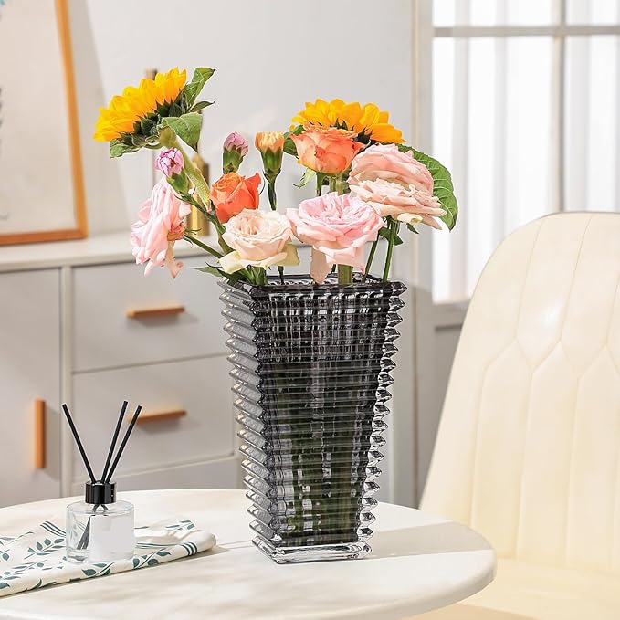 MCMCNCUIU Crystal Glass Vase, Large Crystal Vases for Flowers, Large Flower Vase, Black Modern Vases for Living Room, Bedroom, Kitchen, Dining Table, Mantle, Wedding, 11 Inches