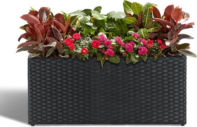 LEWIS&WAYNE Large Rectangular Block Planter Box Handmade Wicker Tall Planters for Outdoor Plants with Removable Liners Modern Planter for Indoor Outdoor Patio Deck - Black, 30''x12''x16''