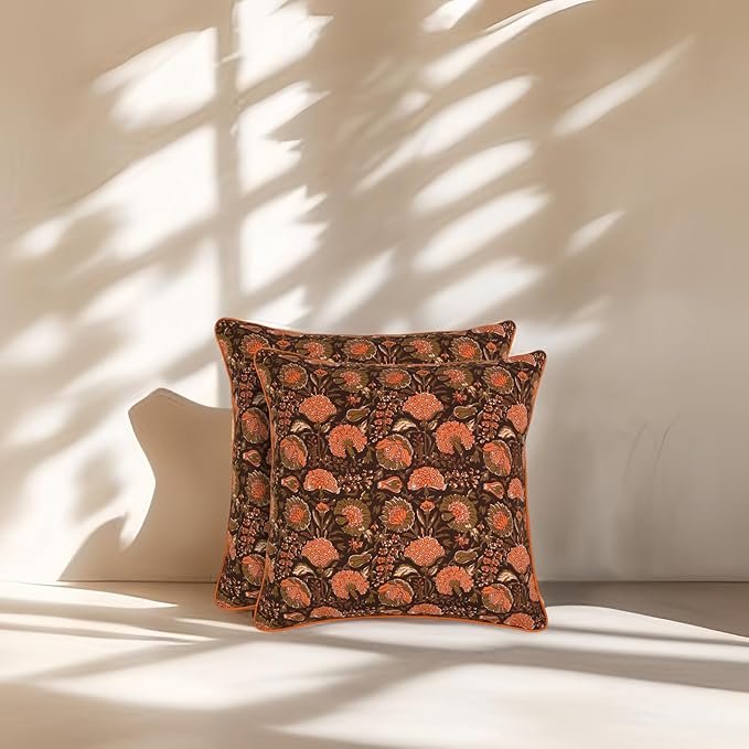 Ridhi Burgundy Preppy Grandmillennial Pillow Covers Set of 2-16" x 16" Cotton Throw Pillow Covers for Couch, Sofa, Bed - Floral Cushion Covers for Thanksgiving, Home Decor