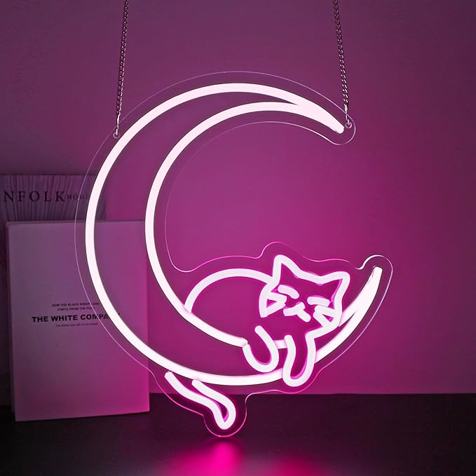 Moon Cat Neon Sign, Neon Signs for Wall Decor LED Light Up Signs Home Decor for Bedroom Club Party Bar Shop USB Operated