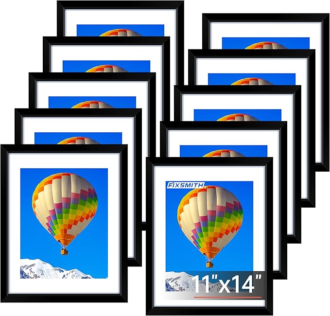 FIXSMITH 11x14 Picture Frame Set of 10, Black Photo Frames Bulk with HD Plexiglass, Display Pictures 8x10 with Mat or 11x14 Without Mat, Multi Picture Frames Collage for Wall Decor
