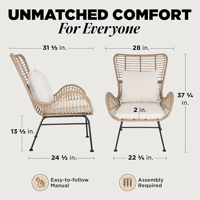 IDZO Isabelle Upgraded 2000 Hours UV Wicker Chairs Outdoor Set of 2, 500 lbs Capacity Outdoor Patio Chair, All-Weather Club Chair with Water-Resistant Olefin Cushions, Boho Style, Beige
