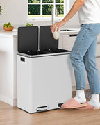 Arlopu 16 GallonStainless Steel Trash Can, 60L Dual Compartment, Metal Kitchen Step Recycle Bin, Metal Double Dustbin, in-Home Garbage Rubbish Can W/Removable Liner Buckets (White)