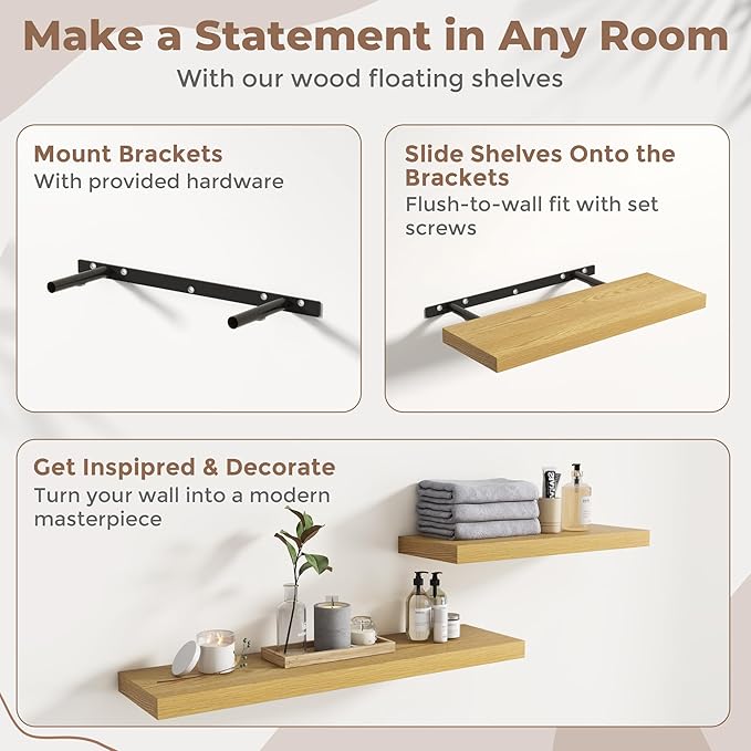 8 Inch Square Floating Shelves for Wall 3 Pack, 8"D Wood Grain Bathroom Shelves with Invisible Brackets, Easy Install Engineered Wood Storage Shelves for Kitchen, Living Room, Bedroom, Oak Finish