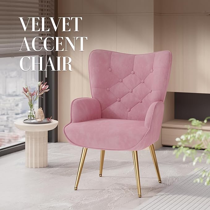 Nalupatio Mid Century Modern Accent Chair, Velvet Upholstered Armchair with Metal Legs, Tufted Button Wingback Side Chair, High Back Reading Chair for Living Room Bedroom, Pink