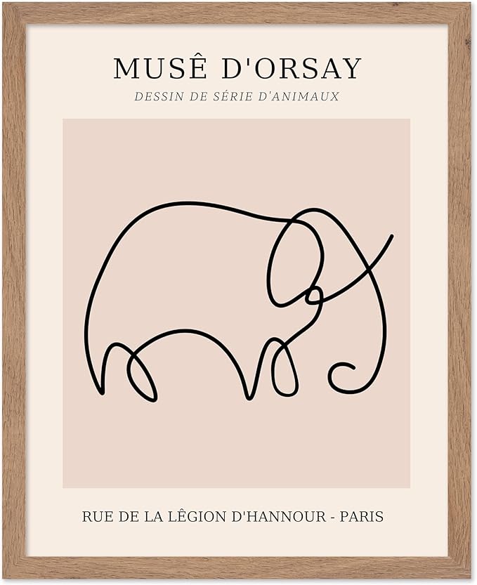 Poster Master Vintage Poster - Retro One Line Elephant Drawing Print - Elephant Art - Minimal Gift for Men, Women, Animal Lover - Abstract Wall Decor for Home, Office, 11x14 Beige Framed