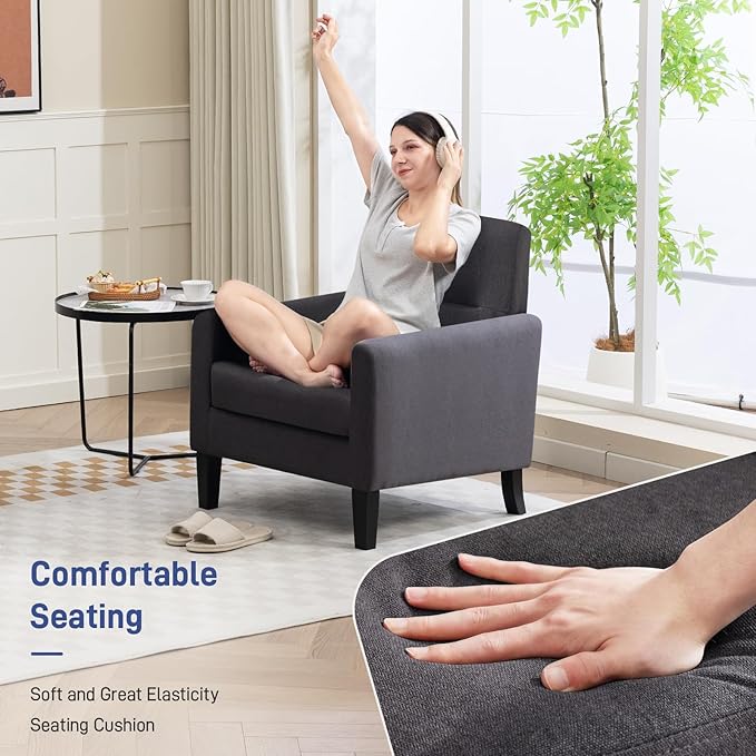 Accent Chair, Mid Century Modern Living Room Chairs Comfy Reading Chair with Upholstered Cushion Relax Armchair for Bedroom Apartment,Office,Dark Grey