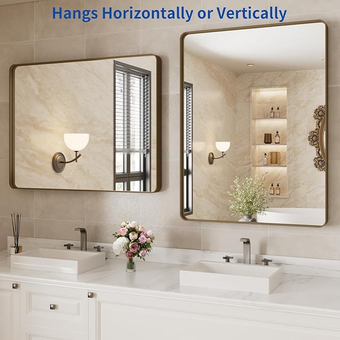 WEER Bronze Bathroom Wall Mirror, 40x30 Inch Oil Rubbed Bronze Vanity Mirror, Farmhouse Bronze Mirror with Aluminum Alloy Brushed Metal Frame, Tempered Glass, Anti-Rust (Horizontal/Vertical)