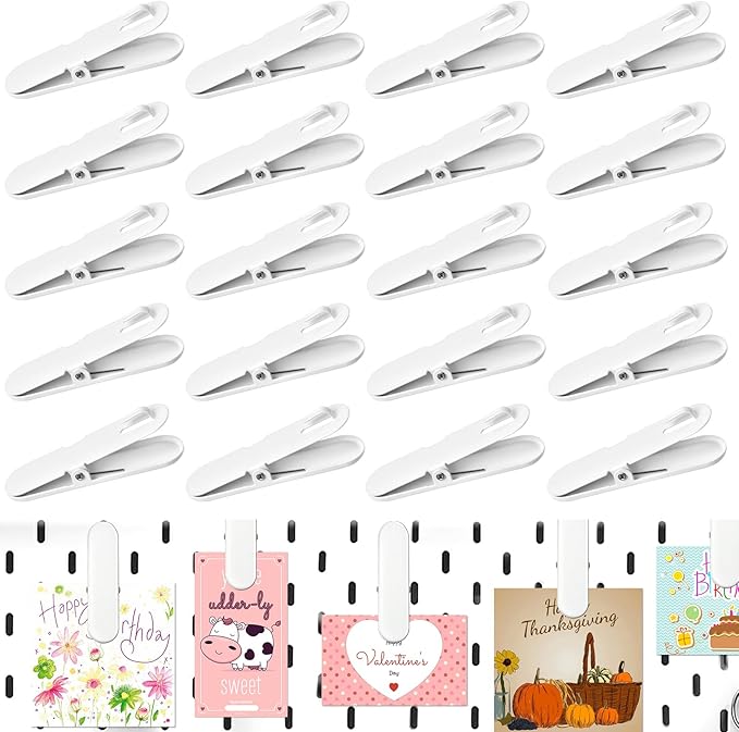 20 Pcs Pegboard Accessories Clips, White Pegboard Clips Metal Pegboard Photo Clip, Pegboard Clips for Hanging Photos, Wall Organize Storage Kitchen Bathroom Living Room Office