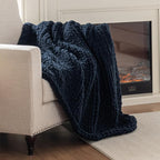 Chunky Knit Blanket Throw, 100% Hand Knit Throw Blanket Handmade Chenille Cable Knit Throw for Couch, Stylish Cozy Soft Rope Knot Crochet Blanket for Home Decor, Navy Blue, 50x60 Inches