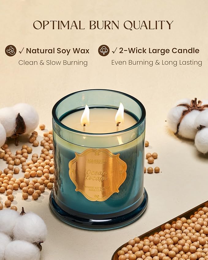 M&SENSE Summer Ocean Scented Candles for Home, Organic Soy Candles Non Toxic, Relaxing Aromatherapy Candles for Bath Spa, 2 Wick 12.7oz Large Candle 75 Hour Long Lasting Slow Burning