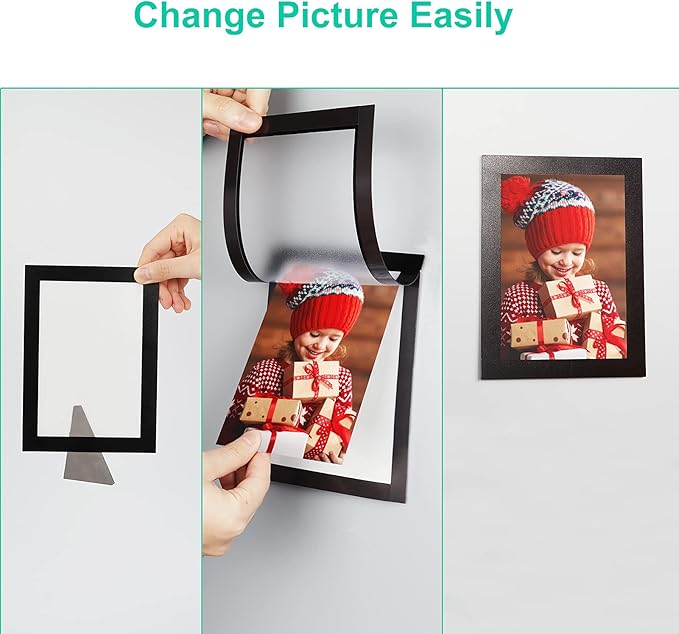 CRUGLA 5x7 Magnetic Picture Frames for Refrigerator 12 Packs, Modified Magnetic Sheet with Self Adhesive Backing, Black 5 by 7 Magnetic Photo Frame Set for Glass Window Door Cubicle