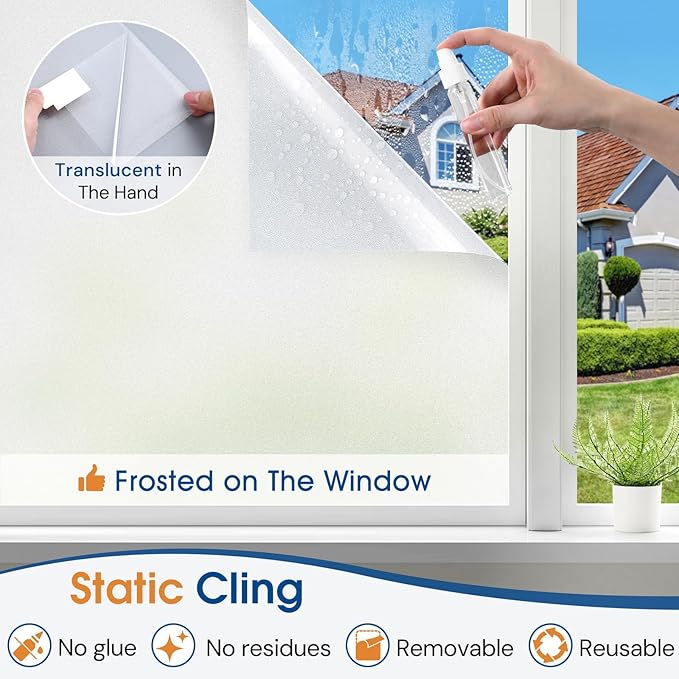 Homein Frosted Glass Window Privacy Film with Tools UV Blocking Privacy Film for Glass Windows, Static Cling No Glue Removable Reusable Anti Glare for Home Day and Night, Pure 17.5x157.4 inch