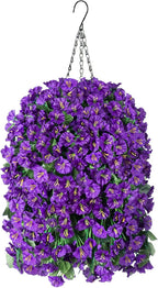 Artificial Faux Hanging Flowers Plants Basket for Outdoor Outside Porch Decoration, UV Resistant Fake Silk Purple Morning Glory Trailing Vines Realistic for Summer Home Balcony Yard Patio