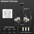 Black Wagon Wheel Chandelier, 24 Inch Black Chandeliers with Unique Glass Shade, 6-Light Crystal Farmhouse Wagon Wheel Chandeliers for Dining Room, Round Chandelier for Living Room, Foyer, Entryway